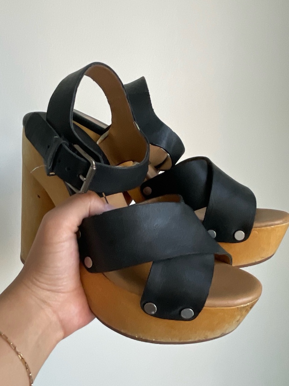 Dolce Vita Black Leather Platform Sandals with Wood-Effect Heel